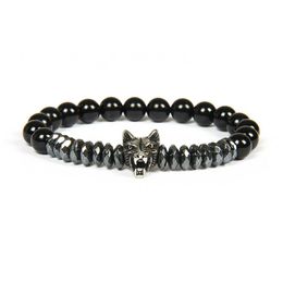 New Men Silver Bracelet Bangles Whole 10pcs lot Stainless Steel Wolf Bracelets With 8mm Stone Beads Beaded Jewellery For Gift242r