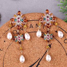 Dangle & Chandelier Vintage Long Multi Colour Statement Rhinestone Big Earrings For Women 2021 Trendy Pearl Crystal Fashion Jewelry3312