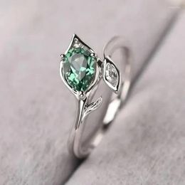 Wedding Rings Fashion Silver Colour Leaves Ring Exquisite Jewellery Green & Black Cubic Zircon For Women Party Engagement Gift