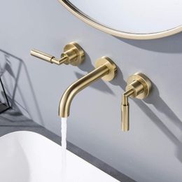 Bathroom Sink Faucets Top Quality Brushed Gold Wall Mount Faucet Mounted Dual Handle Solid Brass Rough-in Valve Included