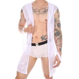 Men's Sleepwear 2023 Mens See-Through Striped Hooded Robe With Belt Solid Color Sleeveless Open Front Loose Loungewear For Swimming Pool