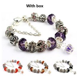 8 Colours 18 19 20 21CM Charm Bracelet 925 Plated Bracelets Royal Crown Accessories Purple Crystal Bead DIY Wedding Jewellery With Bo322T