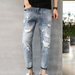 Men's Jeans Men Ribbed Holes Slim Multi Pockets Gradient Color Thin Ankle Length Trousers Long Denim Pants For Pantalones Hombre