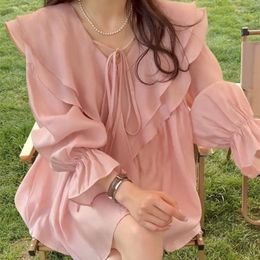 Women's Blouses Fashion V-Neck Solid Colour Lace Up Ruffles Clothing 2023 Autumn Winter Loose All-match Tops Flare Sleeve Shirts