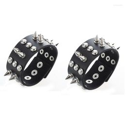 Strand 2X Metal Leather Men Bracelet With Spikes Studded Black