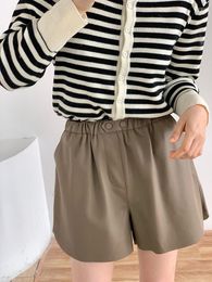 Women's Shorts Faux Leather High Waist With Elastic Waistband 2023 Fashion Pure Loose Wide Leg PU Pant Trouser Above Knee