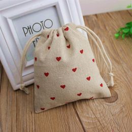 Red Heart Linen Gift Bags 9x12cm 10x15cm 13x17cm pack of 50 Candy Favour Sack Makeup Jewellery Pouch226A