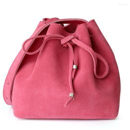 Evening Bags Nubuck Leather Women's Bag 2023 Vintage Pleated Drawstring Bucket Single Shoulder Diagonal Cross Handbag