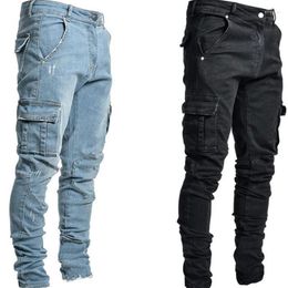 Men's Jeans Men Pants Wash Solid Colour Multi Pockets Denim Mid Waist Cargo Plus Size Casual Trousers Male Daily Wear Y2k