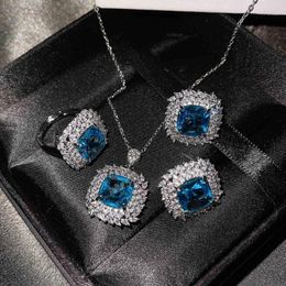 Necklace Earrings Set Fashion Cubic Zirconia Blue/pink/yellow Square Stone Colourful Stud Pendant And Open Ring For Women