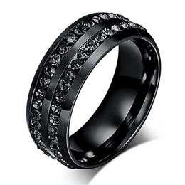 2018 New Fashion Men's Ring Black Crystal Ring Titanium Steel Full-Drill Double Row Circle Diamond Wedding Ring288Q