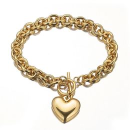 Whole Or Retail Charming 316L Stainless Steel Silver Colour Gold Rolo Oval Link Chain With Solid Heart Mens Womens Bracelet190V