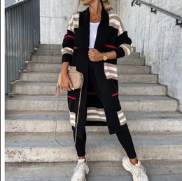 Women's long length Sweaters loose designer trendy black knitwear cardigans Fashion stripe V neck knitted oversized Sweater tops jacket outwear for lady 2XL