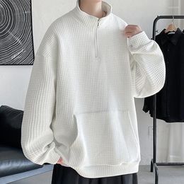 Men's Hoodies Hip Hop White Zipper Sweatshirts Solid Color Waffle Pullovers Style Soft Stand Collar Male Fashion Clothes