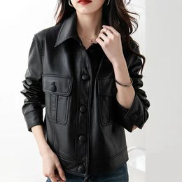 Women's Leather 2024 Spring Autumn Short Jacket Slim Outerwear Square Collar Straight Trend Small Fragrance Coat Ladies Tops