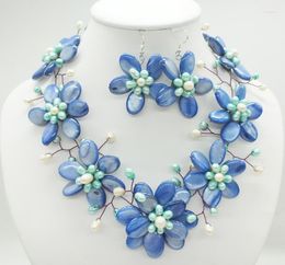 Necklace Earrings Set Natural Royal Blue Shell Flower Bridal 20"