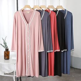 Women's Sleepwear Sexy V-Neck Sleep Dress Lady Solid Modal Nightgown Casual Button Down Home Dressing Gown Loose Long Sleeve Loungewear