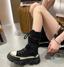 Autumn New European Goods Thick-soled short Boots Female Trendy Handsome Stitching Canvas Casual Tooling Boots