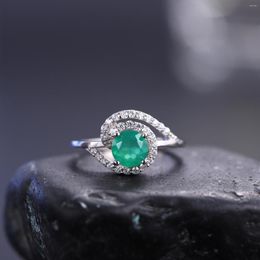 Cluster Rings GEM'S BALLET 6mm Natural Green Agate Gemstone Engagement Ring 925 Sterling Silver Onyx Women's Vintage Gift For Her