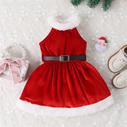 Girl Dresses Toddler Kids Girls Dress Christmas Clothes Velvet Patchwork Sleeveless Princess With Black Leather Belt