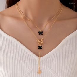 Choker Jewelry Black Dropping Oil Butterfly Necklace Double Layer Straight Line Chain Multi Women's