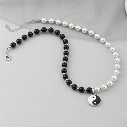Chokers Round Pearl Beads Yin Yang Taichi Pendant Stainless Steel Chain Unisex Necklace Couple Jewelry Women Mens317S