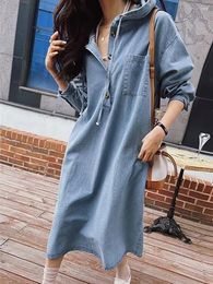 Casual Dresses Autumn Long Sleeve Hooded Loose Denim Women Dress Solid Color Pocket Single Breasted Simple All-match Female Frock
