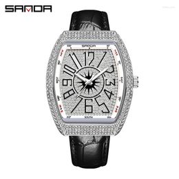 Wristwatches Fashion Sanda Top Personalised Tonneau Quartz Men Watch Diamond Case 30m Waterproof Genuine Leather Strap Luminous