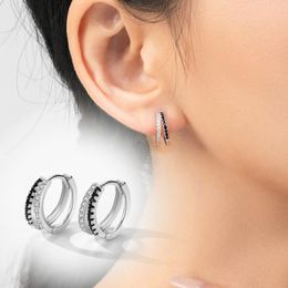 Hoop Earrings Real 925 Sterling Silver Simple Small Round For Women Classic Black & White Zirconia Ear Buckles Wedding Jewellery