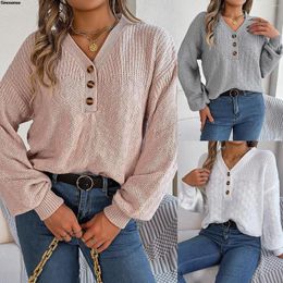 Women's Sweaters Women Long Sleeve V Neck Button Down Sweater Solid Color Ribbed Knit Casual Loose Fit Pullover Knitted Jumper Tops