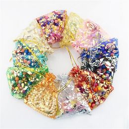 Colorful Gold Rose Transparent Packs Drawstring Pouch Sachet Organza Gift Bag For Jewelry Wedding Party Beads Packing GB397237u