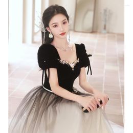 Ethnic Clothing Gradient Black Square Collar Puff Sleeve Sequins Applique Back Bandage Banquet Evening Dresses Women Formal Party Gown