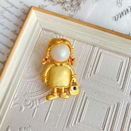 Vintage in "Little Girl" Plated Pure Gold Glass Pearl Girl's Breast Pin Sweet and Fashionable