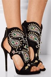 Sandals Exquisite Multi-color Embroidered Sewed High Heel Retro Stylish Colorized Floral Bling Crystal Pumps Pearl Shoes