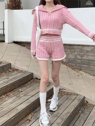 Women's Tracksuits 2Pcs Set Two Pieces Sets Knitwear Sailor Style Crop Top Sweater And Knit Short Pants Fall Clothing Suit Y2k