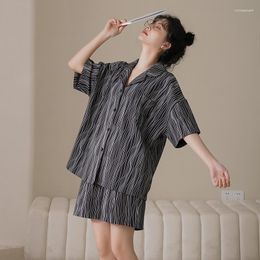 Women's Sleepwear Summer Women Pajama Sets Stripe Lapel Shirt Shorts Black Nightwear Cotton Nightgown Soft Comfortable Leisure Homewear