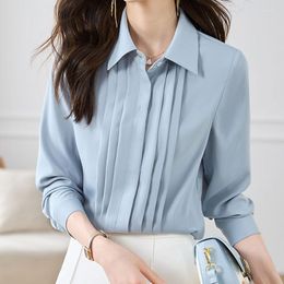 Women's Blouses Autumn Chiffon Women Turn Down Collar Shirts Office Lady Solid Blue Tops Fashion Long Sleeve Button Clothes 29321