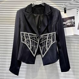 Women's Suits High Quality 2023 Fashion Fall Winter Womens Full Sleeve Heavy Industry Diamonds Embroidered Flares Casual Black Blazer