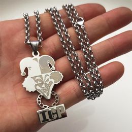 High Polished Silver Stainless Steel ICP CLOWN TWIZTID PENDANT CHARM NECKLACE 4mm 24INCH Rolo CHAIN Jugallo for Mens245g