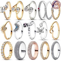 Cluster Rings High Quality S925 Sterling Silver Shining Luxury Snowflake Yellow Gold Droplet Sun Moon Heartshape Ring Women's Charm Jewelry