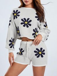 Women's Tracksuits Womens Knit Loungewear Set Floral Pattern Long Sleeve Tops Shorts 2 Piece Pyjamas Outfits Skin-Friendly S M L