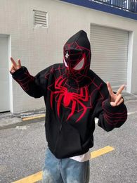 Men's Hoodies Sweatshirts Y2K Gothic Men Hip Hop Hoodie Harajuku Spider Web Print Full Zipper Sweatshirt Oversize Punk Pocket Loose Jacket Coat Streetwear 230928