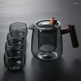 Hip Flasks Japanese Style Glass Teapot High Temperature Resistance Built-in Philtre Tea Set Suit- Clear-Smoke Grey Thickened