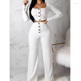 Women's Two Piece Pants Slim Knitted Set Women Button Cardigan Solid Colour Cropped Tops High Waist Straight Long Sets Autumn Winter