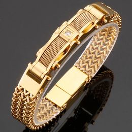 Bangle Luxury Bracelet for Men Gold Plated 12MM Wide Stainless Steel Square Franco Link Chain Men's Wrist Bracelets With Magnet Clasp 230928