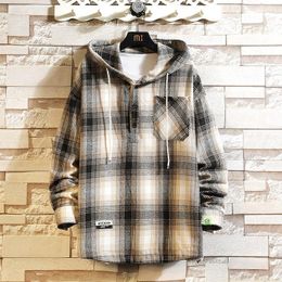 Men's Casual Shirts 2023 Autumn Hong Kong Style Pullover Hooded Plaid Coat Loose Oversized Shirt For Boys