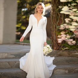 2024 Long Sleeves Bridal Wedding Dress Soft Satin Mermaid V-Neck Buttond Sexy Open Back Simple Bride Gowns Vestidos De Novia