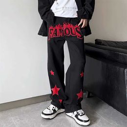 American hip-hop street washed pentagram letter printed jeans with straight leg pants unisex fashion label{category}