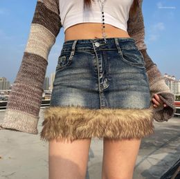 Skirts Washed Fur Panelled Denim Skirt For Women Retro Sexy Girl High Waist A-line Y2k Fashion Casual Package Hip