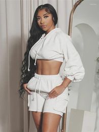 Women's Tracksuits Sexy Hooded Crop Tops And High Waist Short Pants Two Piece Set Fashion Long Sleeve Pullovers Draw Rope Slim Fit Pant Sets